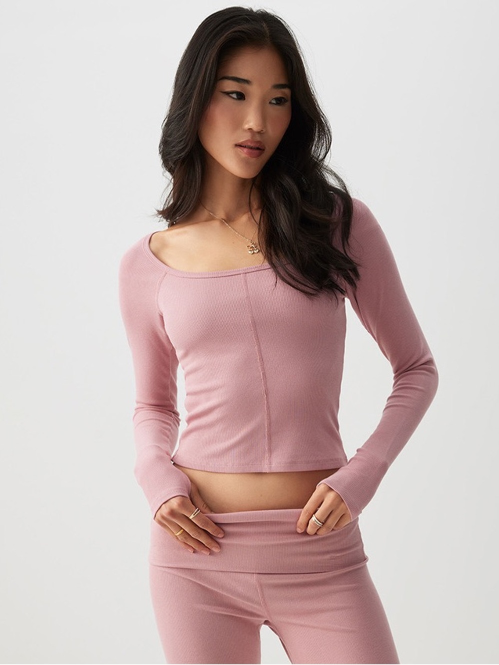 Ardene Dusty Rose Long Sleeve Ribbed Cropped Top with Thumb Holes, Size Large